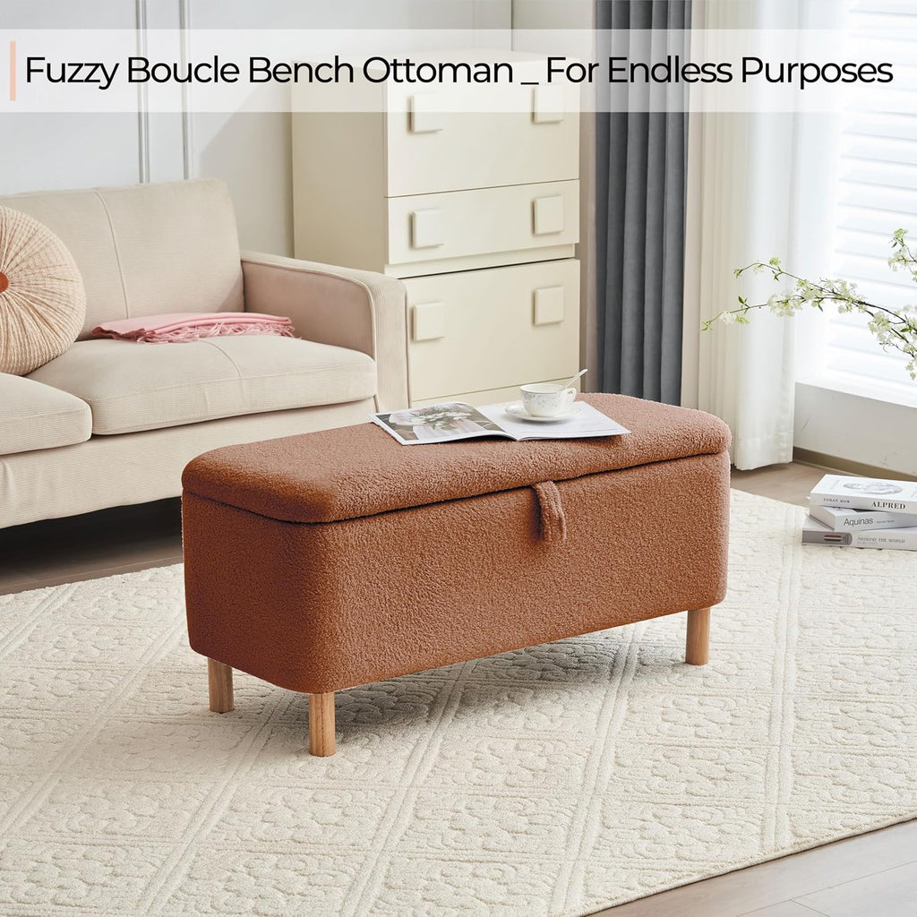 Boucle Storage Ottoman Bench for Bedroom end of Bed, Sherpa Upholstered Shoe Seat Storage Bench for Entryway Bed Foot, Rectangle Cushion Padded Blanket Chest Cute for Living Room, Burnt Orange