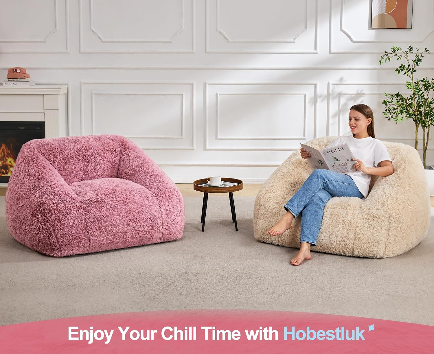Hobestluk Giant Bean Bag Chair Memory Foam Filled Sofa Chair Bean Bag for Adults/Teens/Kids, Plush Fur Oversized Lazy Sofa for Living Room Bedroom Dorm(Pale Pink)