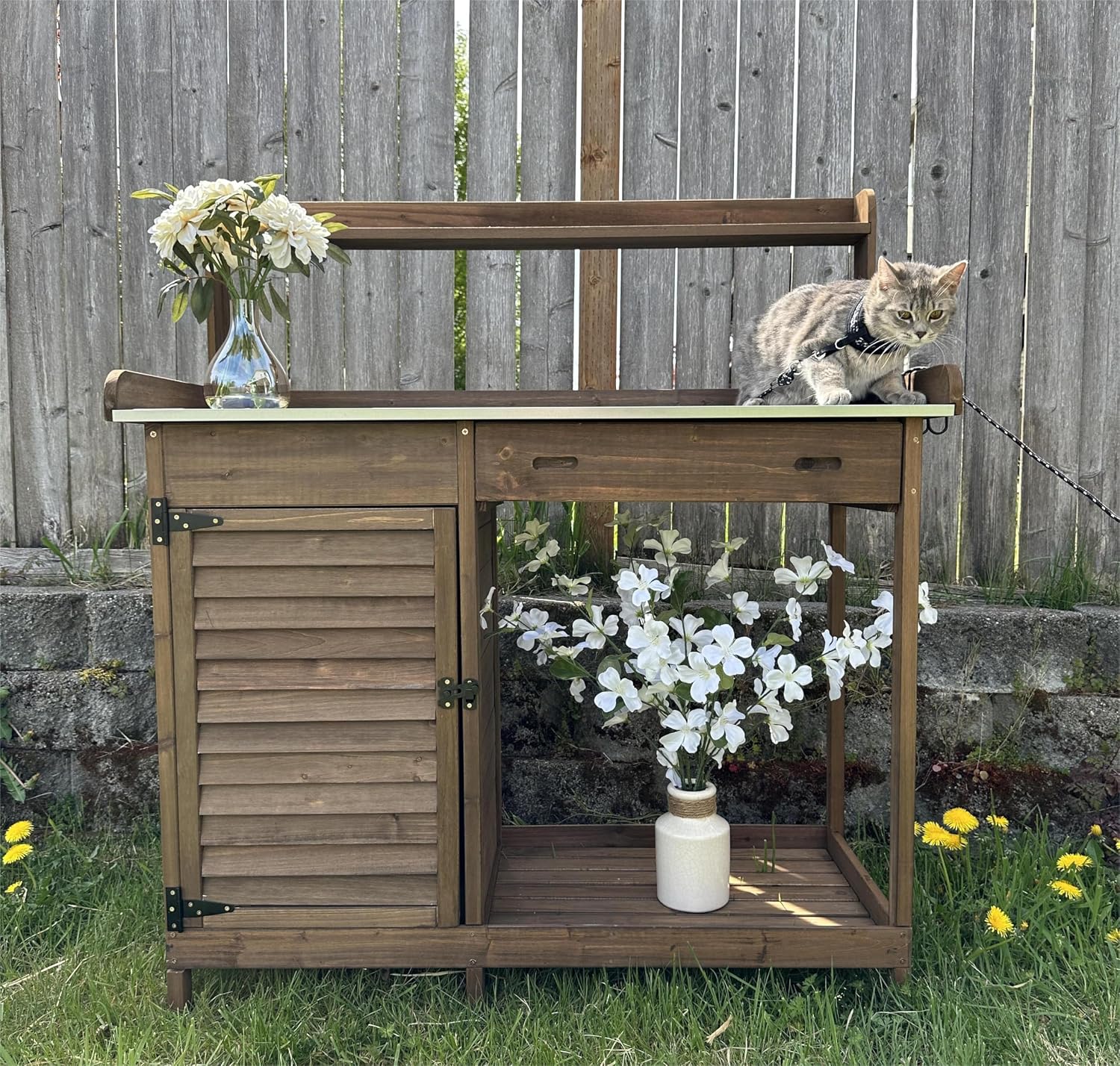 PetsCosset Garden Potting Benche Table Outdoor Wooden Work Station W/Metal Table top,Cabinet,Drawer,Large Bottom Shelf,Open Shelf Natural Wood-Brown-Brown