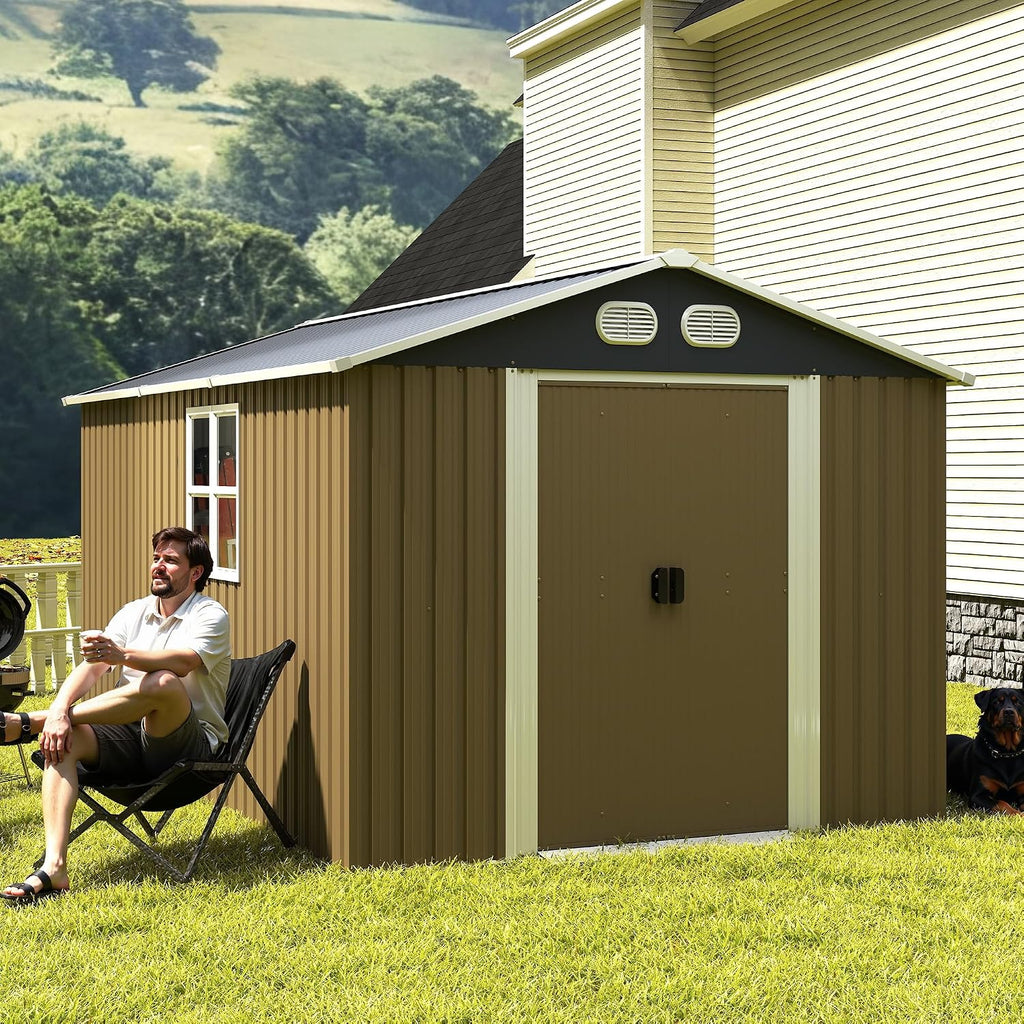 KEIKI 8x12 FT Heavy-Duty Outdoor Storage Shed, Metal Shed with Reinforced Frame, Lockable Doors & Air Vents, Weatherproof Garden Tool Shed for Backyard, Brown