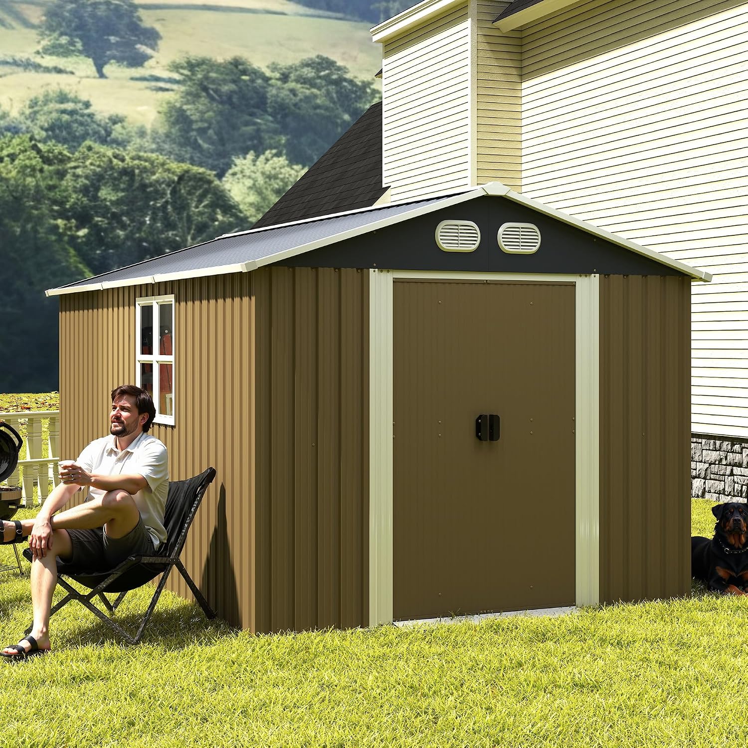 KEIKI 8x12 FT Heavy-Duty Outdoor Storage Shed, Metal Shed with Reinforced Frame, Lockable Doors & Air Vents, Weatherproof Garden Tool Shed for Backyard, Brown