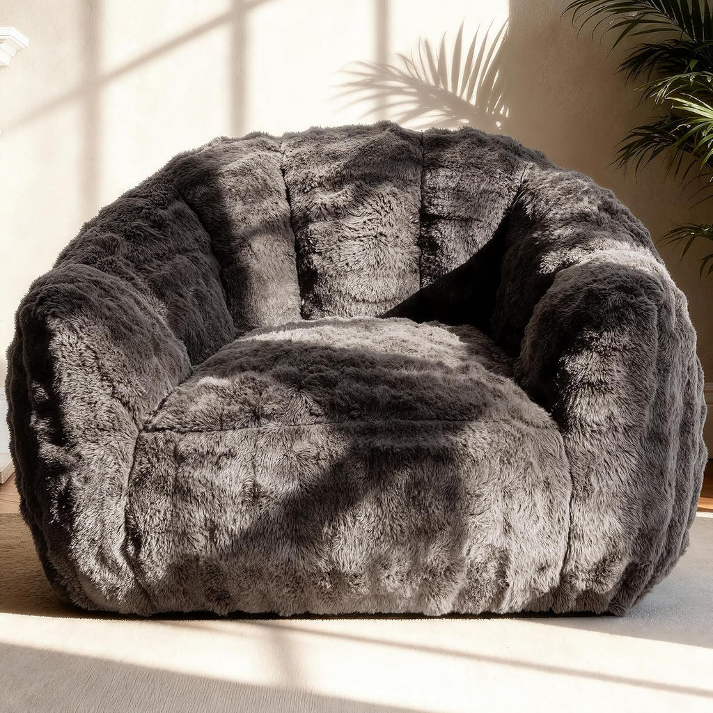 KINGYES Giant Bean Bag Chair, Fluffy Bean Bag Chair with Armrest, Memory Foam Beanbag for Adults, Dark Gray(Pillow not Included)