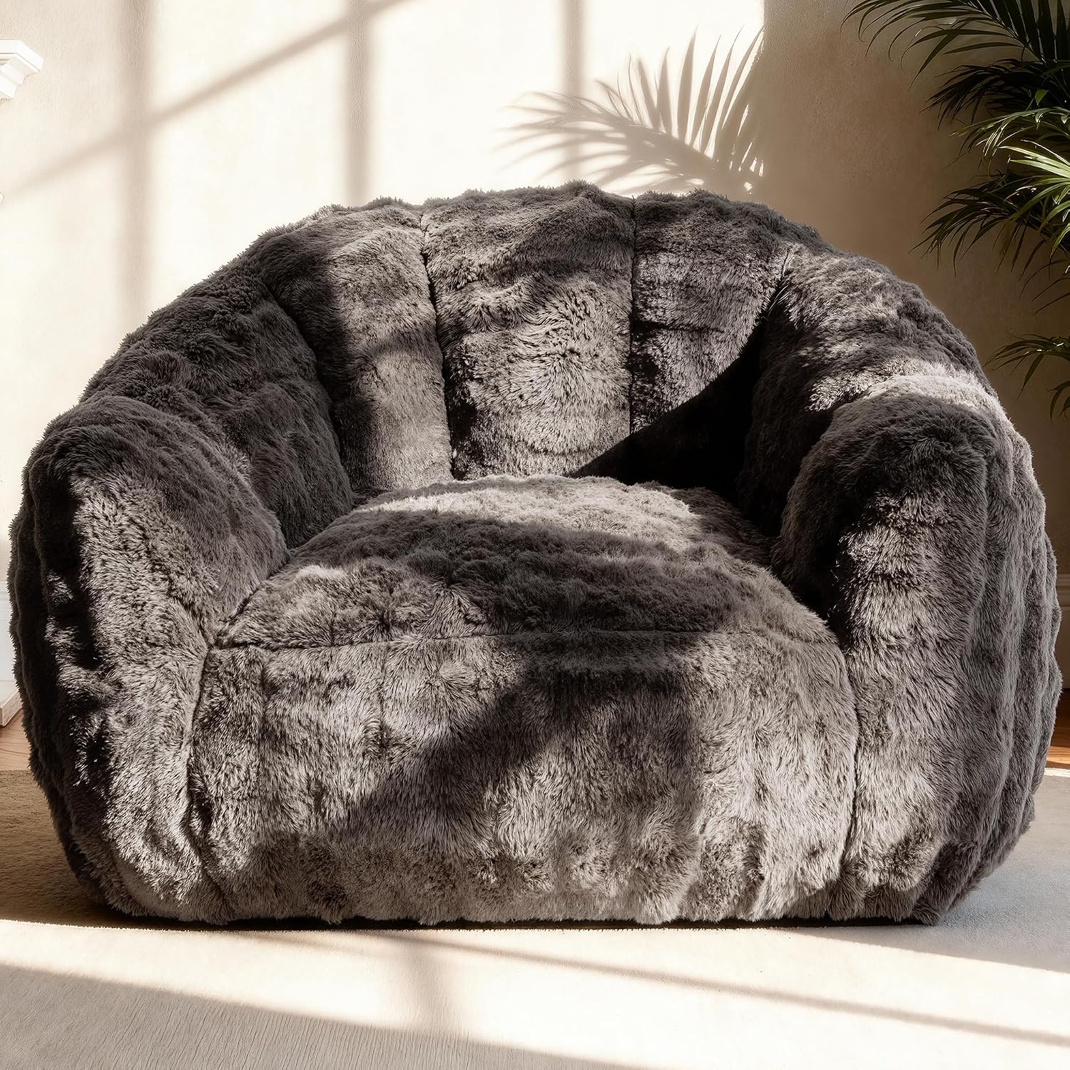 KINGYES Giant Bean Bag Chair, Fluffy Bean Bag Chair with Armrest, Memory Foam Beanbag for Adults, Dark Gray(Pillow not Included)