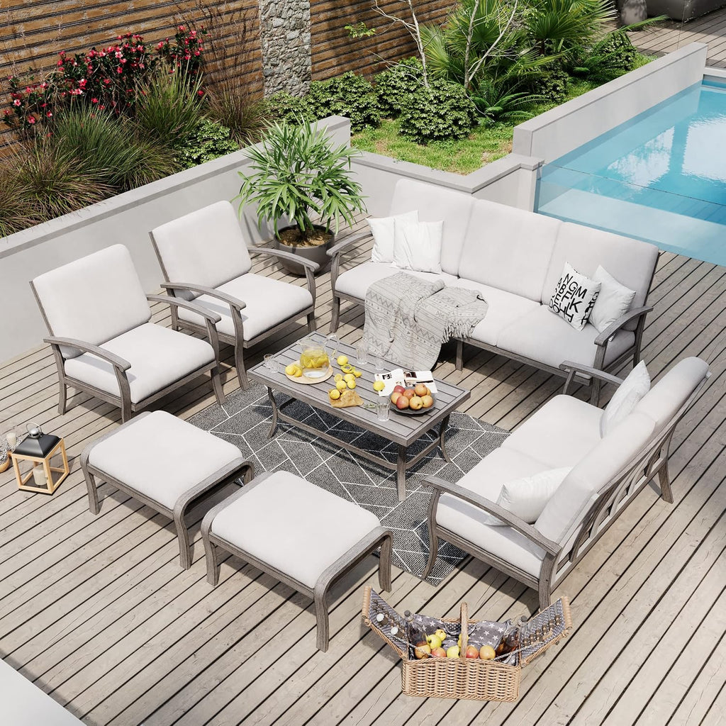 HAPPATIO 7 Piece Aluminum Patio Furniture Set, 3-Seat Outdoor Loveseat, Outdoor Sectional Sofa with Ottomans and Coffee Table, Garden Conversation Set with Armchairs for Lawn Deck (Gray)