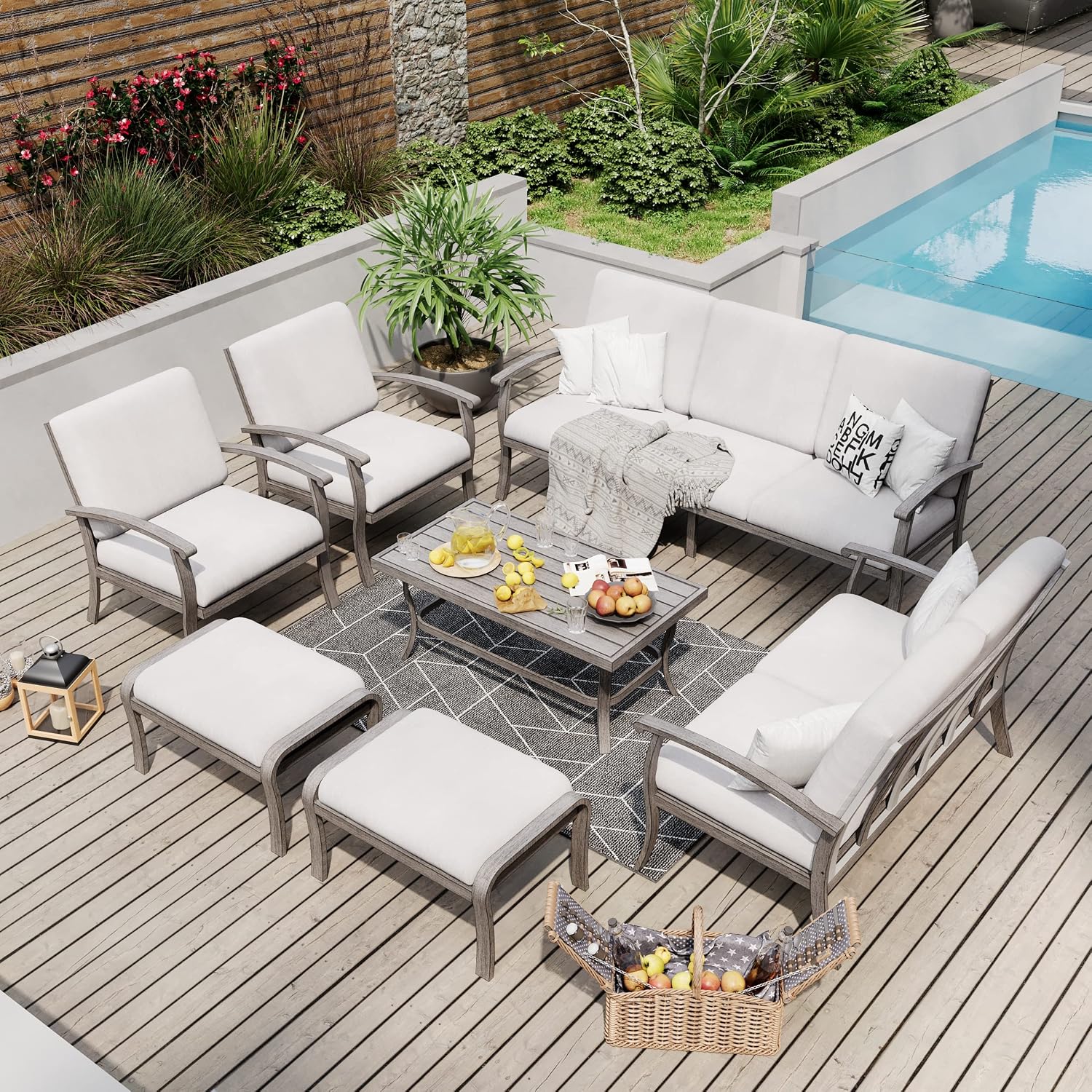 HAPPATIO 7 Piece Aluminum Patio Furniture Set, 3-Seat Outdoor Loveseat, Outdoor Sectional Sofa with Ottomans and Coffee Table, Garden Conversation Set with Armchairs for Lawn Deck (Gray)