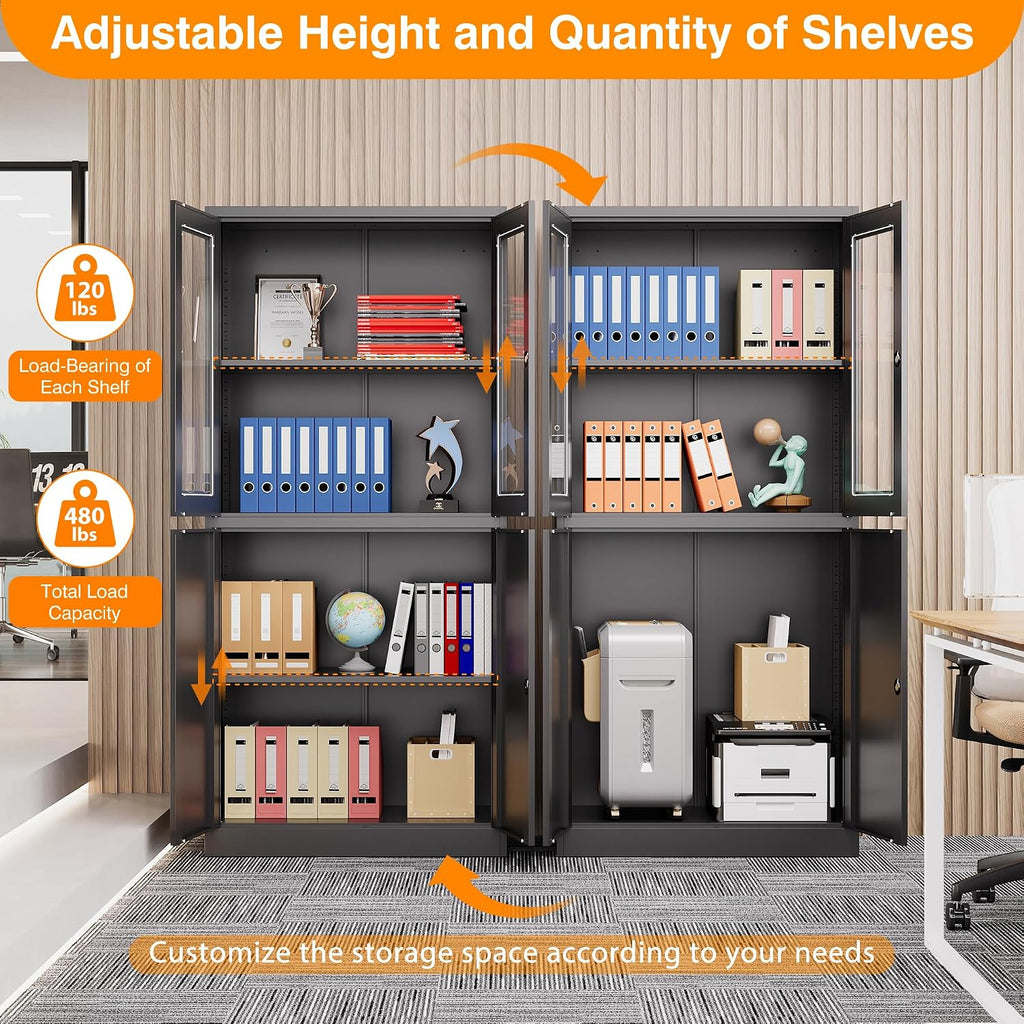 Metal Storage Cabinet with Glass Doors, Lockable Office Storage Cabinet, 71' Tall Display Case with Adjustable Shelves for Home Office,School and Hospital (Black)