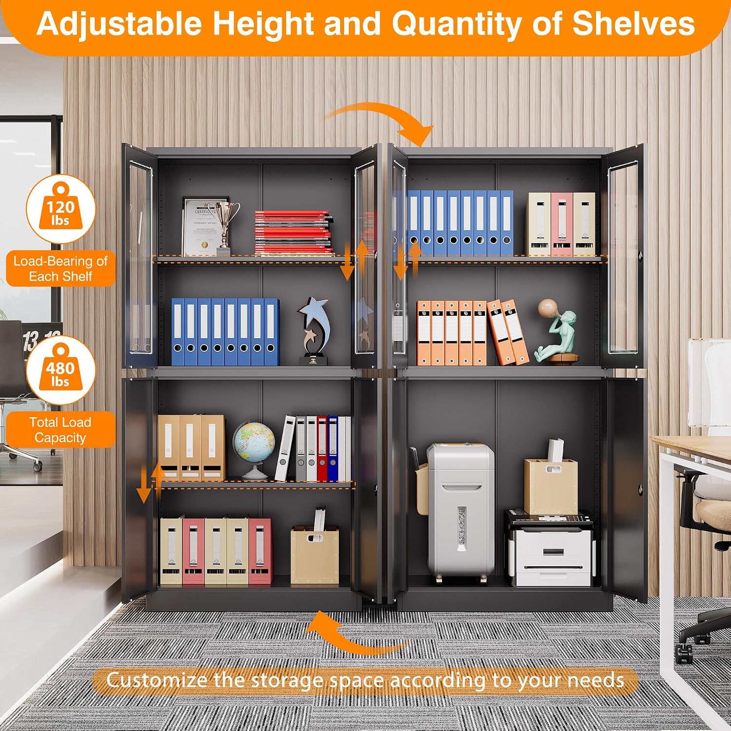 Metal Storage Cabinet with Glass Doors, Lockable Office Storage Cabinet, 71' Tall Display Case with Adjustable Shelves for Home Office,School and Hospital (Black)