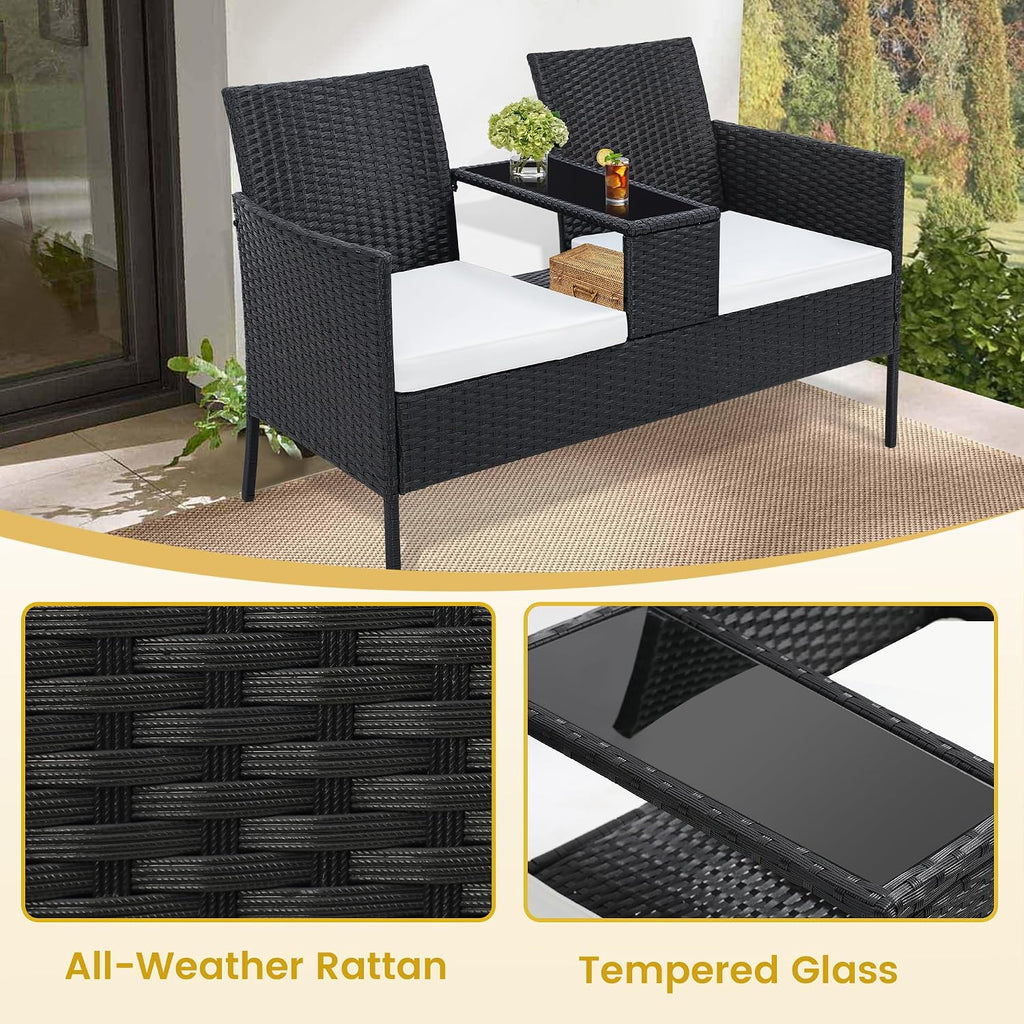 Kromax Wicker 2 Seat Patio Loveseat, Outdoor Rattan Loveseat with Table, Washable Cushion Covers, Backyard, Garden, Lawn, Black Rattan with White Cushion