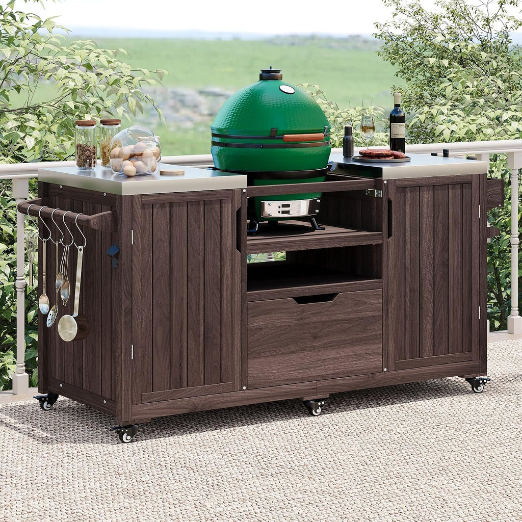 66.5' Outdoor Kitchen Island with Stainless Steel Top for Big Green Egg, Rolling Grill Cart with Adjustable Shelves, Lockable Wheels, Outdoor Table and Bar Storage Cabinet for Patio