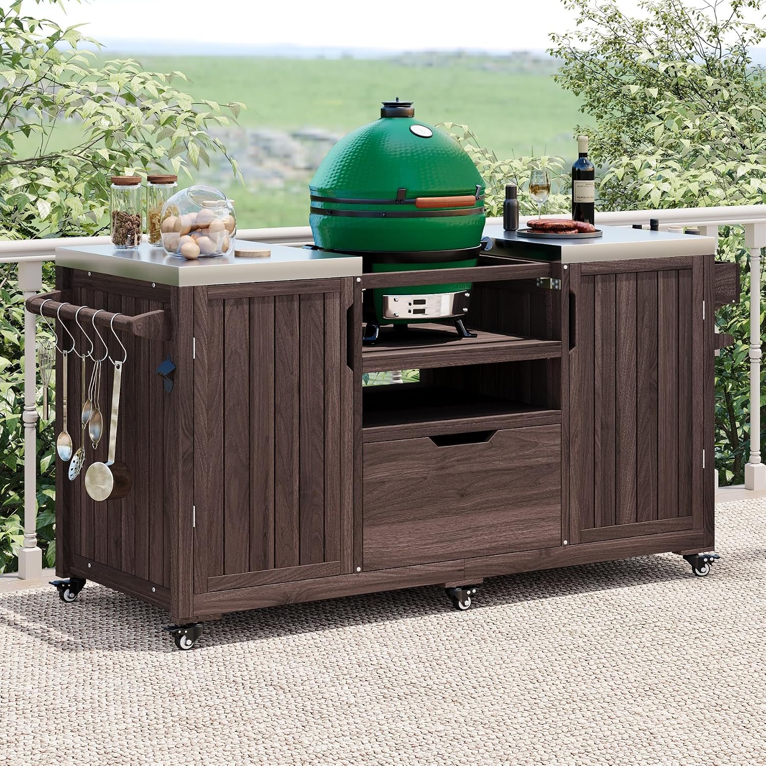 66.5' Outdoor Kitchen Island with Stainless Steel Top for Big Green Egg, Rolling Grill Cart with Adjustable Shelves, Lockable Wheels, Outdoor Table and Bar Storage Cabinet for Patio