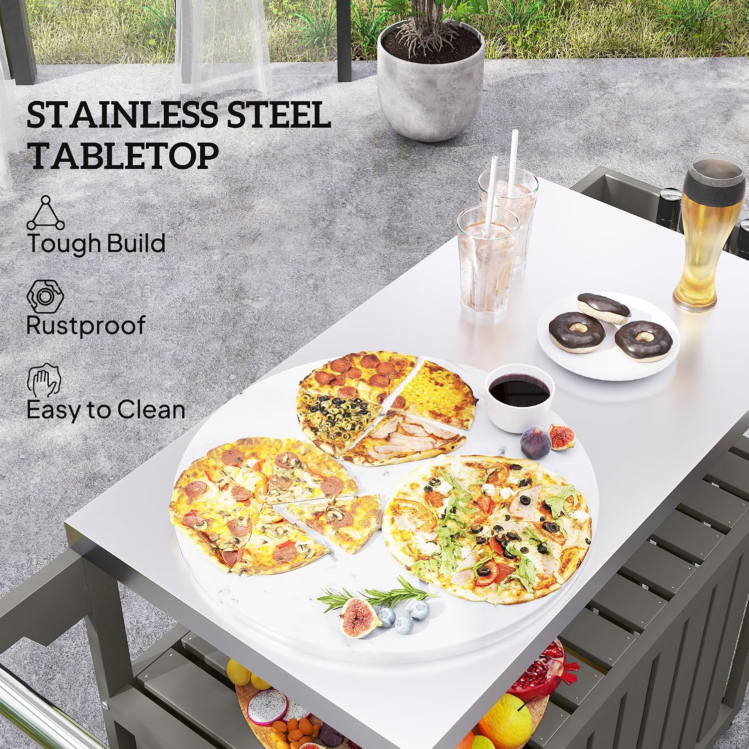 Outsunny Outdoor Bar Cart with Storage Cabinet, Stainless Steel Top Kitchen Island on Wheels, HDPE Outdoor Bar Table, Movable Patio Beverage Food Prep Table for BBQ Picnic, Dark Gray