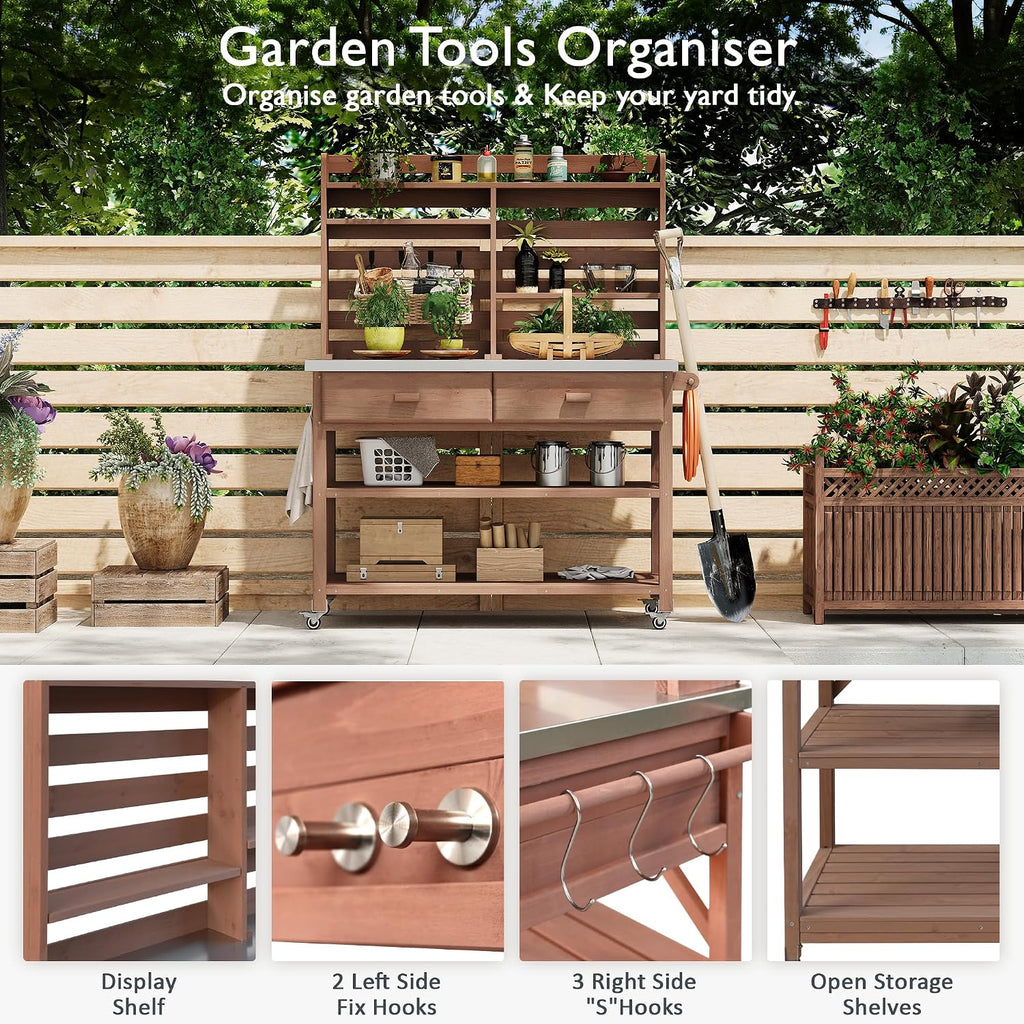 Outdoor Potting Bench Table on Wheels, Solid Wood Storage Island Gardening Workbench with Upper Hutch, Stainless Steel Top, Towel Rack for Outside Garden, Patio, Greenhouse, Brown