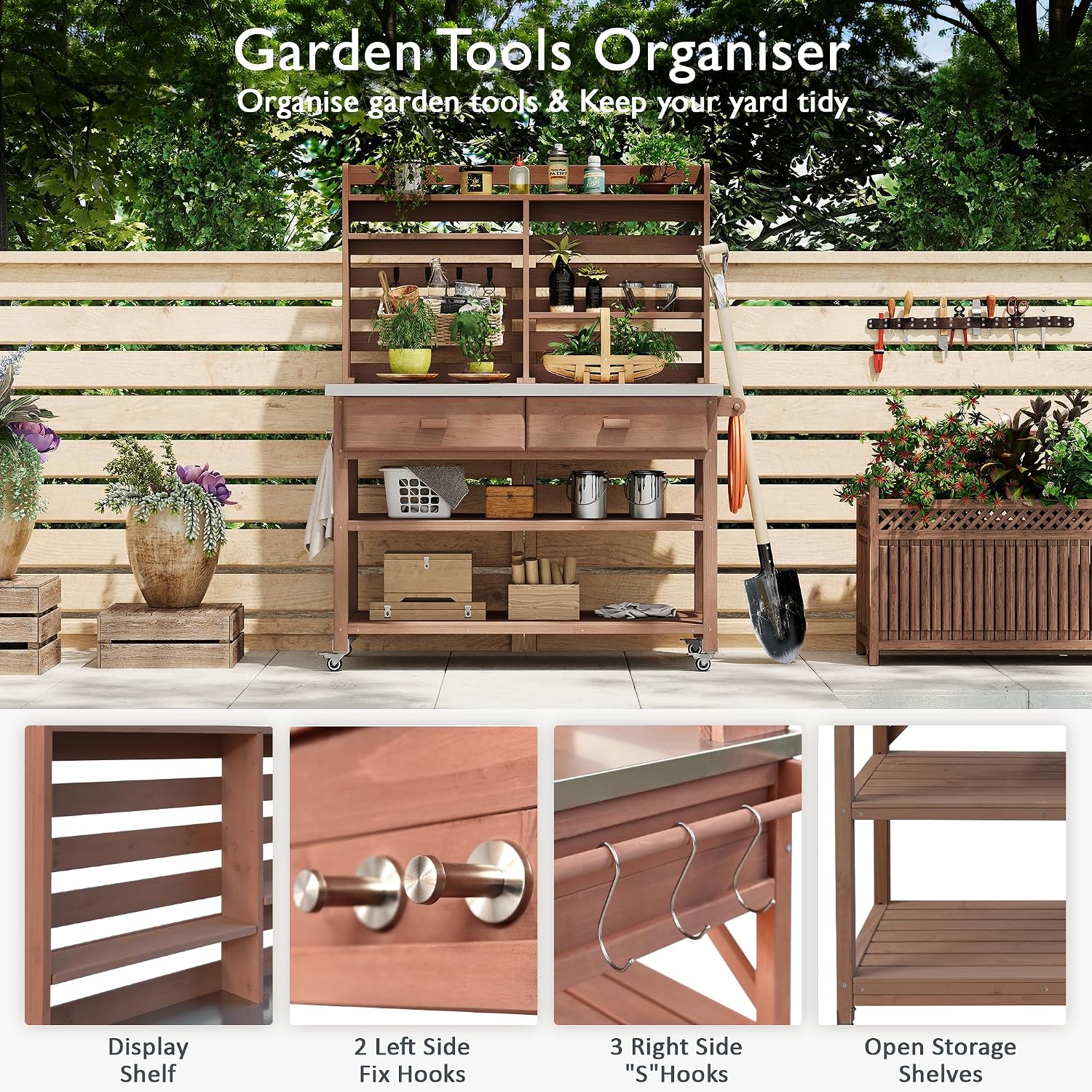 Outdoor Potting Bench Table on Wheels, Solid Wood Storage Island Gardening Workbench with Upper Hutch, Stainless Steel Top, Towel Rack for Outside Garden, Patio, Greenhouse, Brown