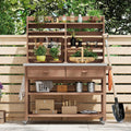 64.9' H Outdoor Potting Bench Table with Lockable Wheels, Solid Wood Outdoor Cabinet with Upper Hutch, Towel Rack,Outdoor Storage for Lawn Garden, Brown