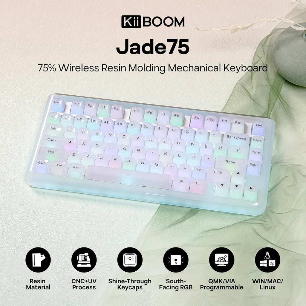 KiiBoom Jade75 75% Resin Molding Mechanical Keyboard, BT5.0/USB-C/2.4GHz Wireless Gaming Keyboard, QMK&VIA Programmable, RGB Backlits, Hot-Swappable, CNC+UV Case for Windows/Mac/Linux (Clear)