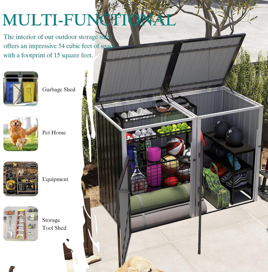 Montary 54 CU.FT Metal Outdoor Garbage Bin Storage Shed with Chain Lid, Waterproof Trash Can Organizer for 2 Bins, Garden Tools for Garden Yard Lawn, Dark Grey