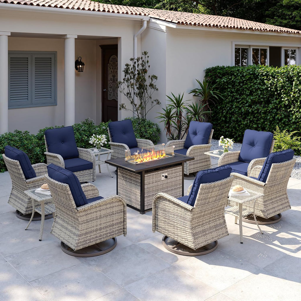 13Pcs Patio Rocking Swivel Chair with 55,000 BTU Fire Pit Table Outdoor Wicker Rattan Bistro Set with Tempered Glass Side Table, Outdoor Patio Furniture Set for Garden and Balcony, Blue