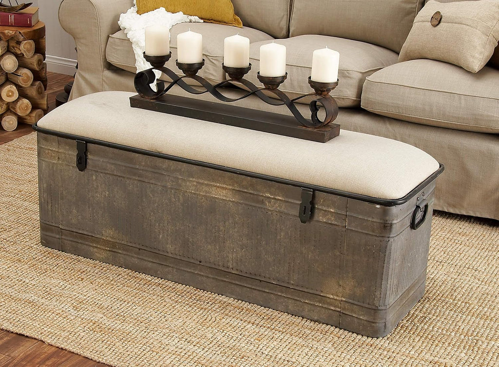 Deco 79 Metal Room Storage Bench Galvanized Entryway Bench with Cream Burlap Top, Bench 50' x 16' x 18', Gray