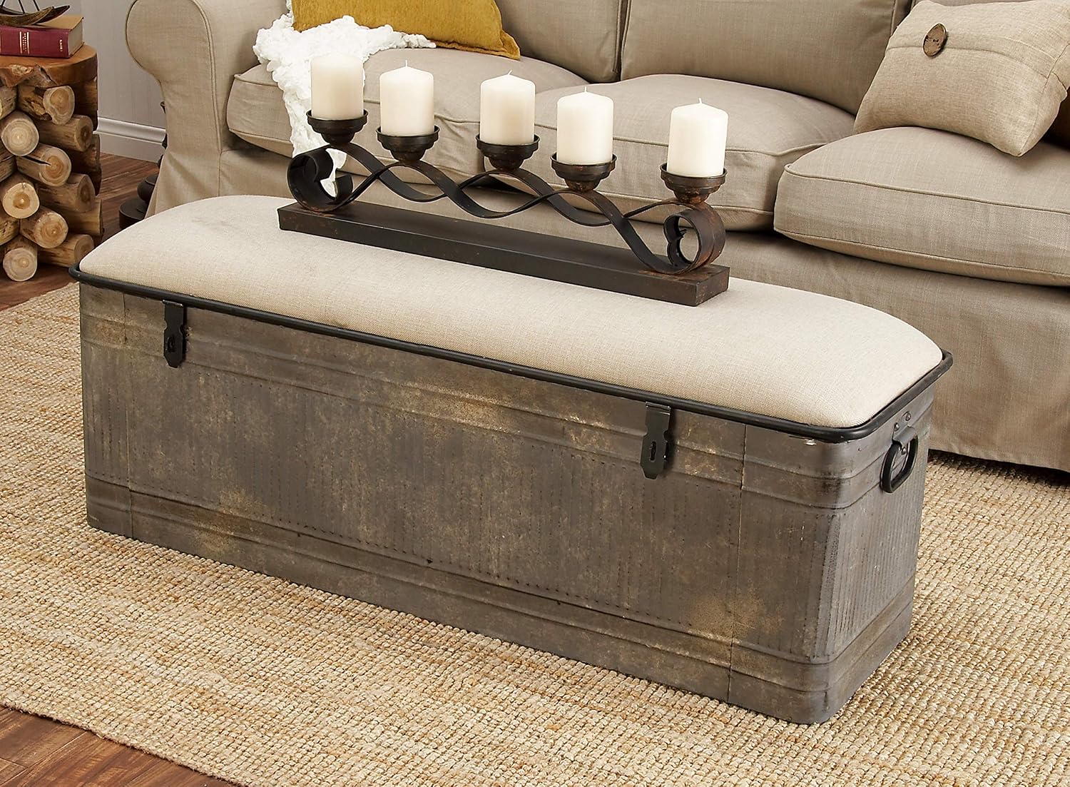 Deco 79 Metal Room Storage Bench Galvanized Entryway Bench with Cream Burlap Top, Bench 50' x 16' x 18', Gray