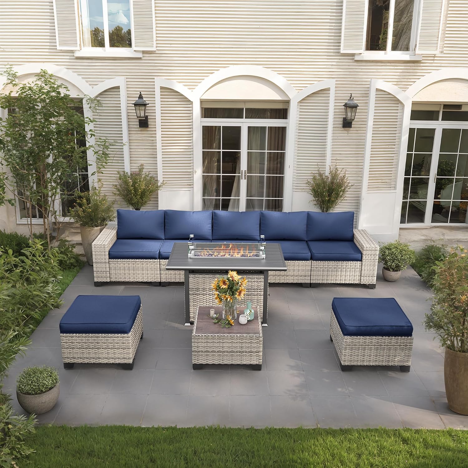 9-Piece Outdoor Patio Furniture Set with 55,000 BTU Fire Pit Table, PE Wicker Rattan Sectional Sofa Patio Conversation Set with Ottomans & Coffee Table, Dark Blue
