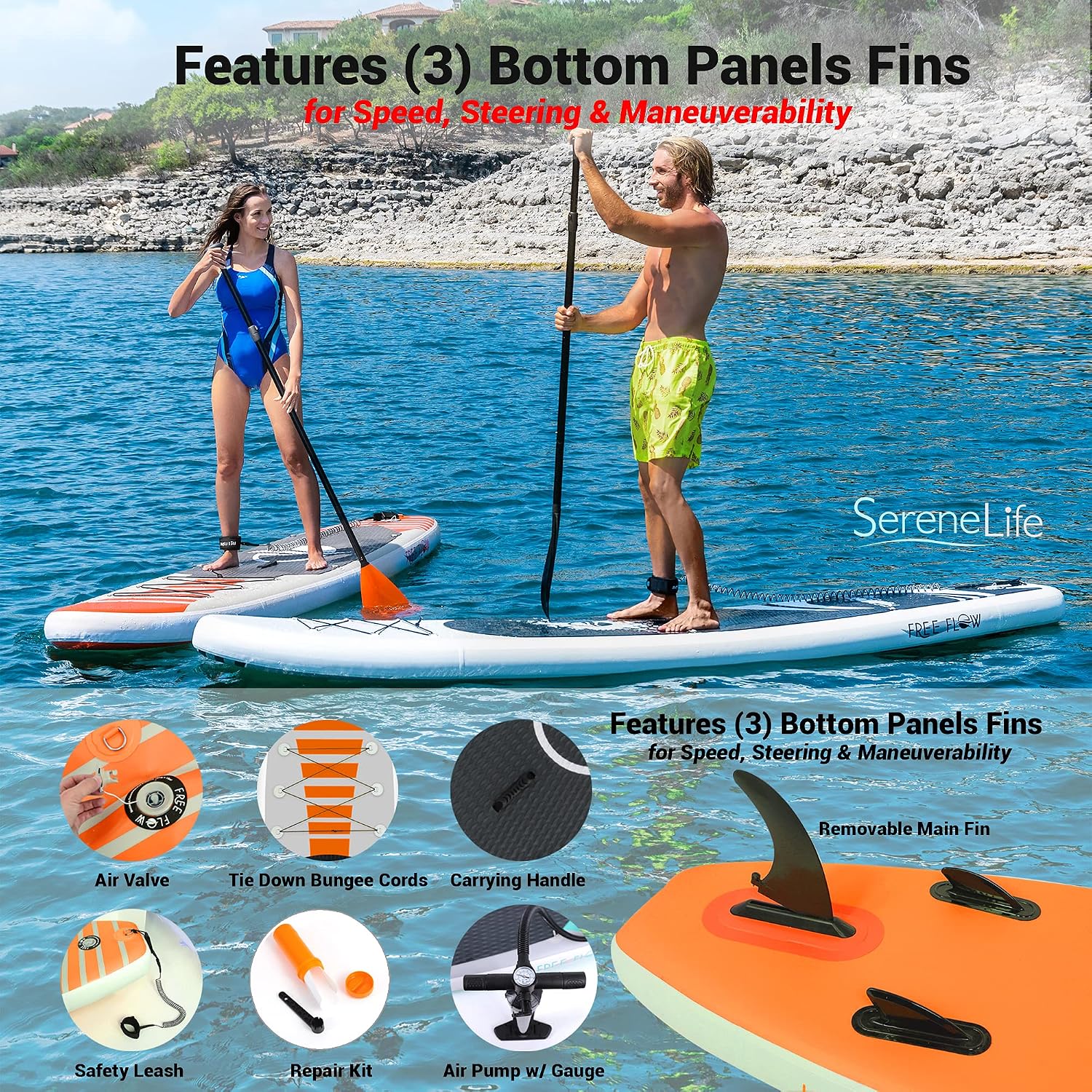 SereneLife 10' Inflatable Stand Up Paddle Board 2-Pack with Premium SUP Accessories – 32' Wide Stable Design with Non-Slip EVA Deck Pad for Youth and Adults, 350 lbs. Capacity Each