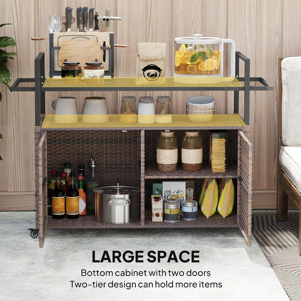 Outsunny PE Rattan Outdoor Storage Cabinet, Wicker Outdoor Bar Table Kitchen Island with Wheels & 2-Tier Shelf, Patio Serving Cart with Glass Top, Handles, Towel Racks for Poolside, Mixed Brown