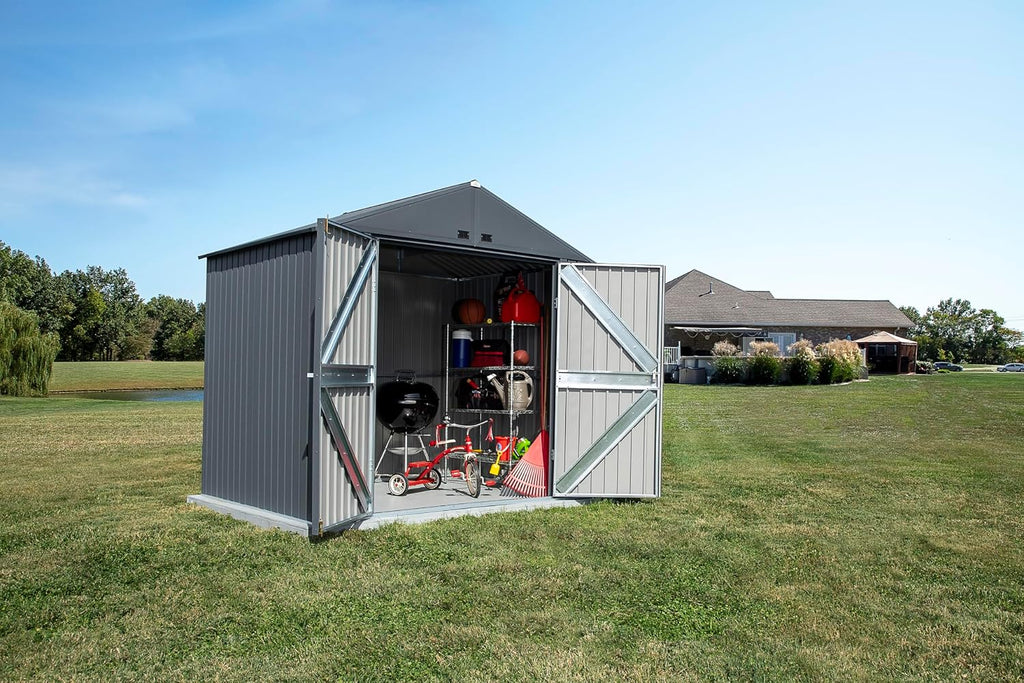 Arrow Shed Elite 8' x 6' Tall Outdoor Steel Storage Shed with High Gable and Lockable Doors Storage Building, Anthracite