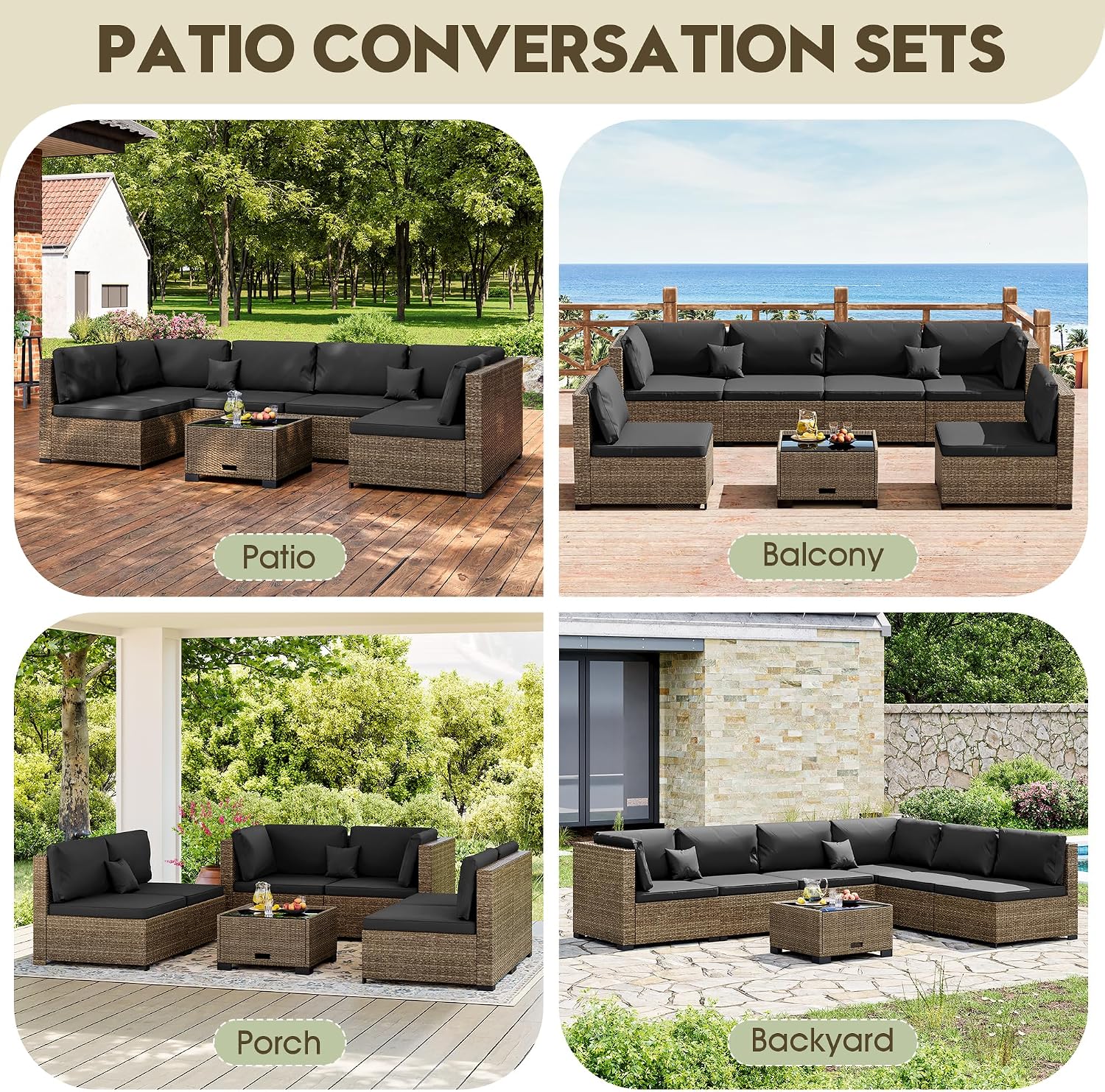 LHBcraft 7 Piece Patio Outdoor Furniture Set, Outdoor Sectional, All-Weather Manual Weaving PE Rattan Wicker Patio Sectional Sofa, Rattan Outside Furniture with Black Cushion and Glass Coffee Table