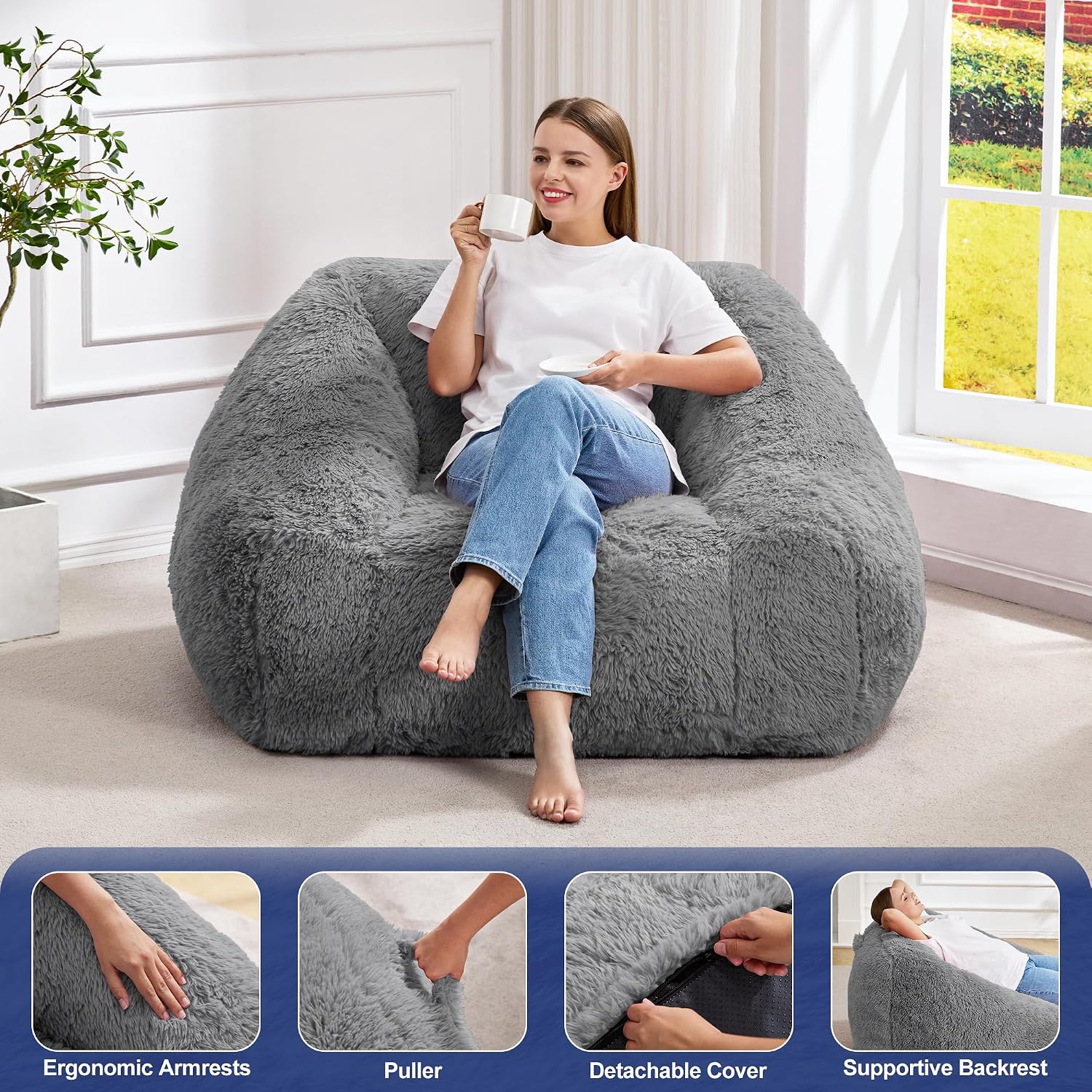 Hobestluk Giant Bean Bag Chair Memory Foam Filled Sofa Chair Bean Bag for Adults/Teens/Kids, Plush Fur Oversized Lazy Sofa for Living Room Bedroom Dorm(Light Grey)