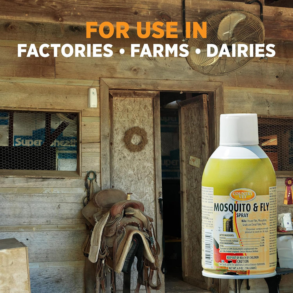Country Vet Mosquito+Fly Metered Spray Refill (Case of 12) & Automatic Metered Dispenser (Case of 12) - 342033CVA - Great for Barns, Stables, Farms, Stalls and Outdoor Insect/Fly Prevention