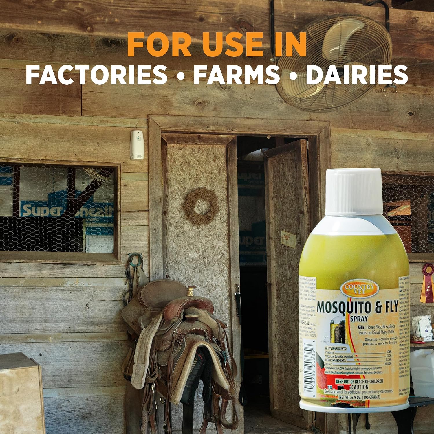 Country Vet Mosquito+Fly Metered Spray Refill (Case of 12) & Automatic Metered Dispenser (Case of 12) - 342033CVA - Great for Barns, Stables, Farms, Stalls and Outdoor Insect/Fly Prevention