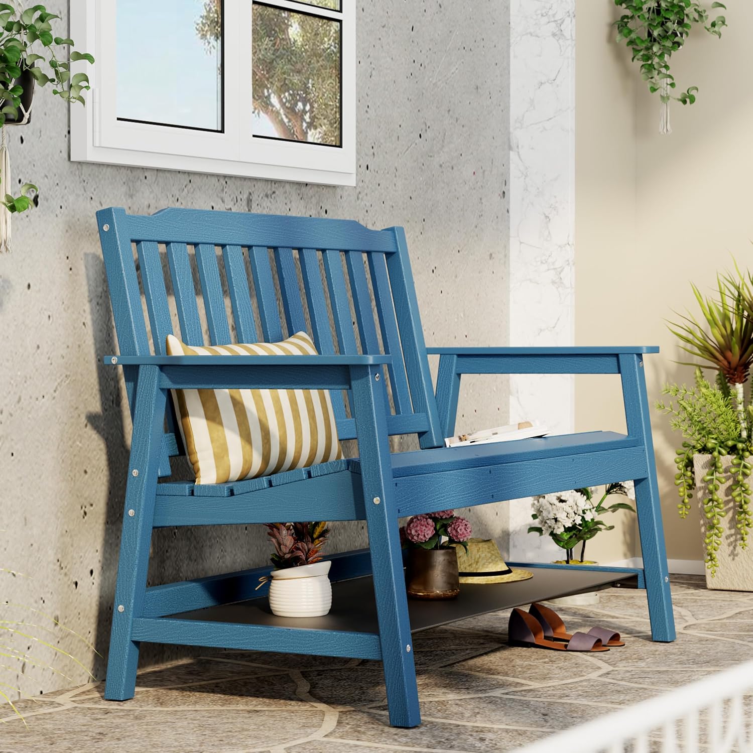 Anbuy Outdoor Bench Weatherproof, 2-Person Adjustable Height Patio Bench with 660lbs Weight Capacity, Garden Potting Bench Never Rot and Fade, Comfort for Porch, Patio, Backyard and Park (Blue)