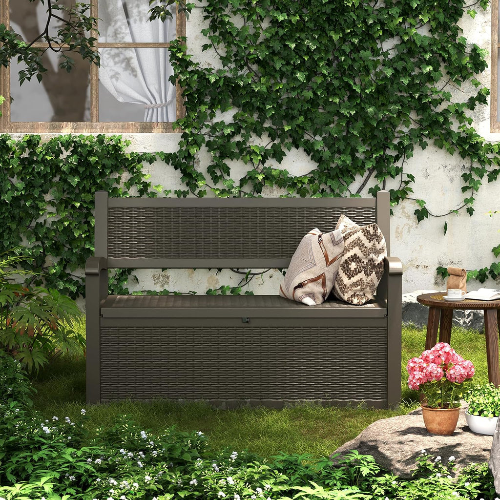 71 Gallon Outdoor Storage Bench Deck Box, Waterproof Outdoor Seating with Lockbale Shed,for Patio Storage Bench,Front Porch Decor,Store Garden Tools and Pool Supplies,Multi-functional Storage (Grey)