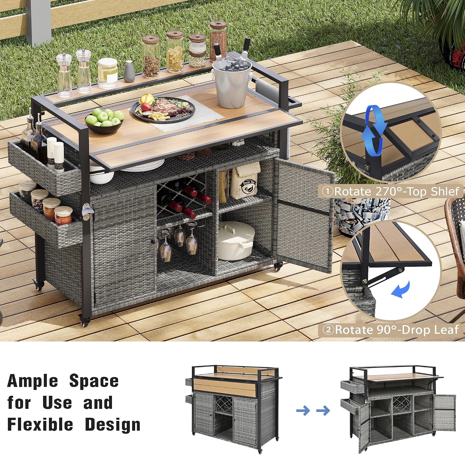 Merax 52.8' W Wicker Outdoor Grill Cart with Extended Plastic Wood Table Top, Rolling Kitchen Island on Wheels with Storage Cabinet, for Patio Backyard Garden Poolside, Double Handle Design, Grey