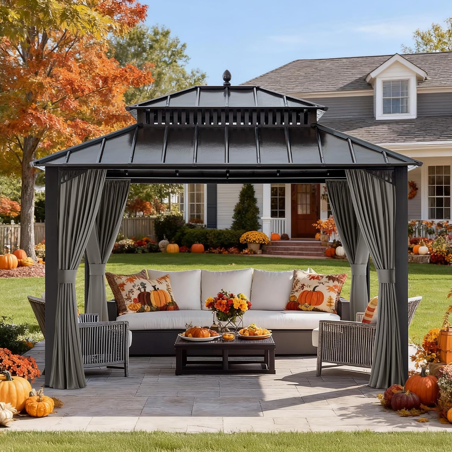 SUNJOY Kingston 12' x 10' Hardtop Gazebo with Galvanized Steel Double Roof, Curtain and Netting, Gray Aluminum Posts Permanent Pavilion Gazebo for Garden, Patio, Deck, Lawn