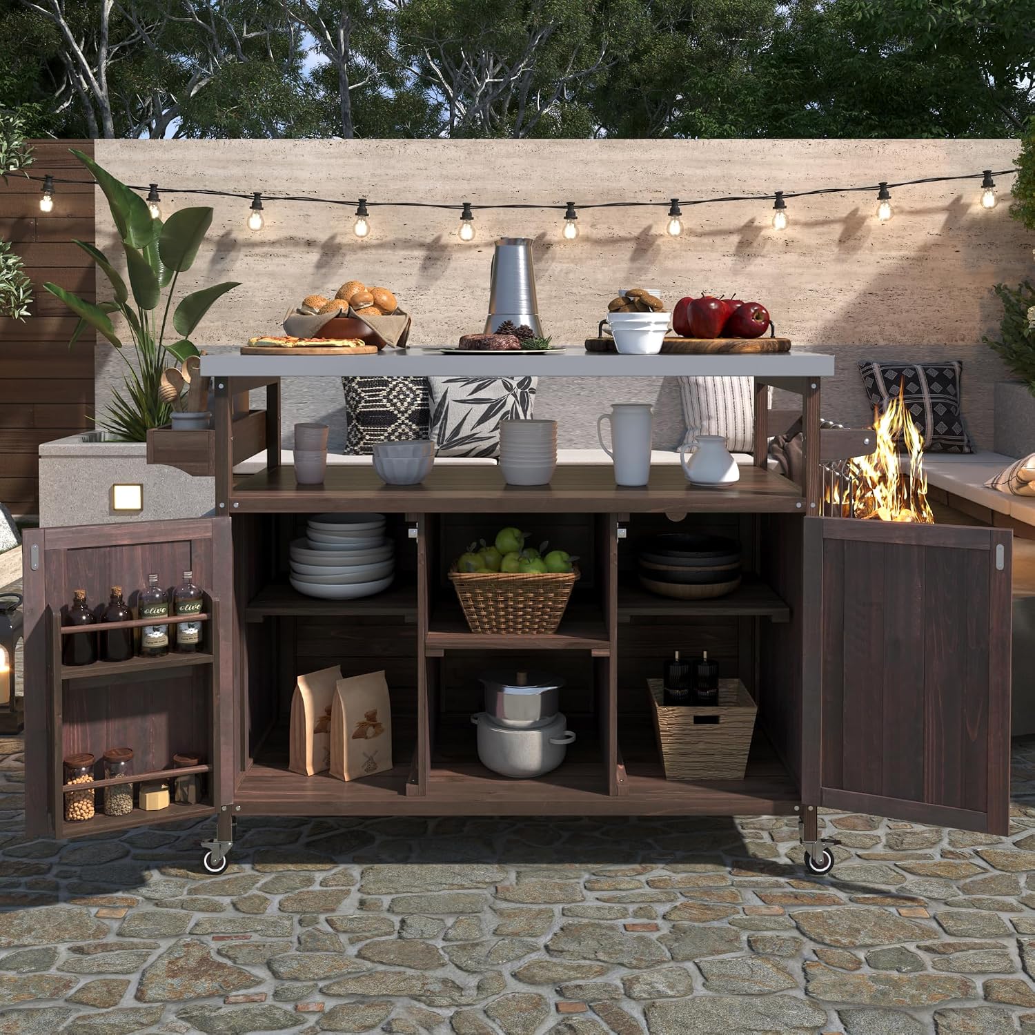 Outdoor Grill Carts for Patio Graden BBQ with Storage Cabinet, Home Rolling Kitchen Island Bar Cart with Stainless Steel Top, Food Prep Table with Shelves, Spice Rack & Towel Holder (Dark Brown)