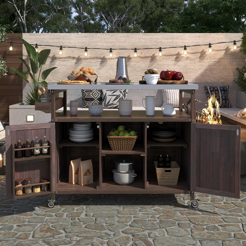 Outdoor Grill Cart with Storage, Farmhouse Outdoor Storage Cabinet with Stainless Steel Top, Wood Bar Patio Kitchen Island with Spice Rack, Towel Holder, Hooks & Locking Wheels for Patio BBQ(Brown)