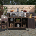 Outdoor Grill Cart with Storage, Farmhouse Outdoor Storage Cabinet with Stainless Steel Top, Wood Bar Patio Kitchen Island with Spice Rack, Towel Holder, Hooks & Locking Wheels for Patio BBQ(Brown)