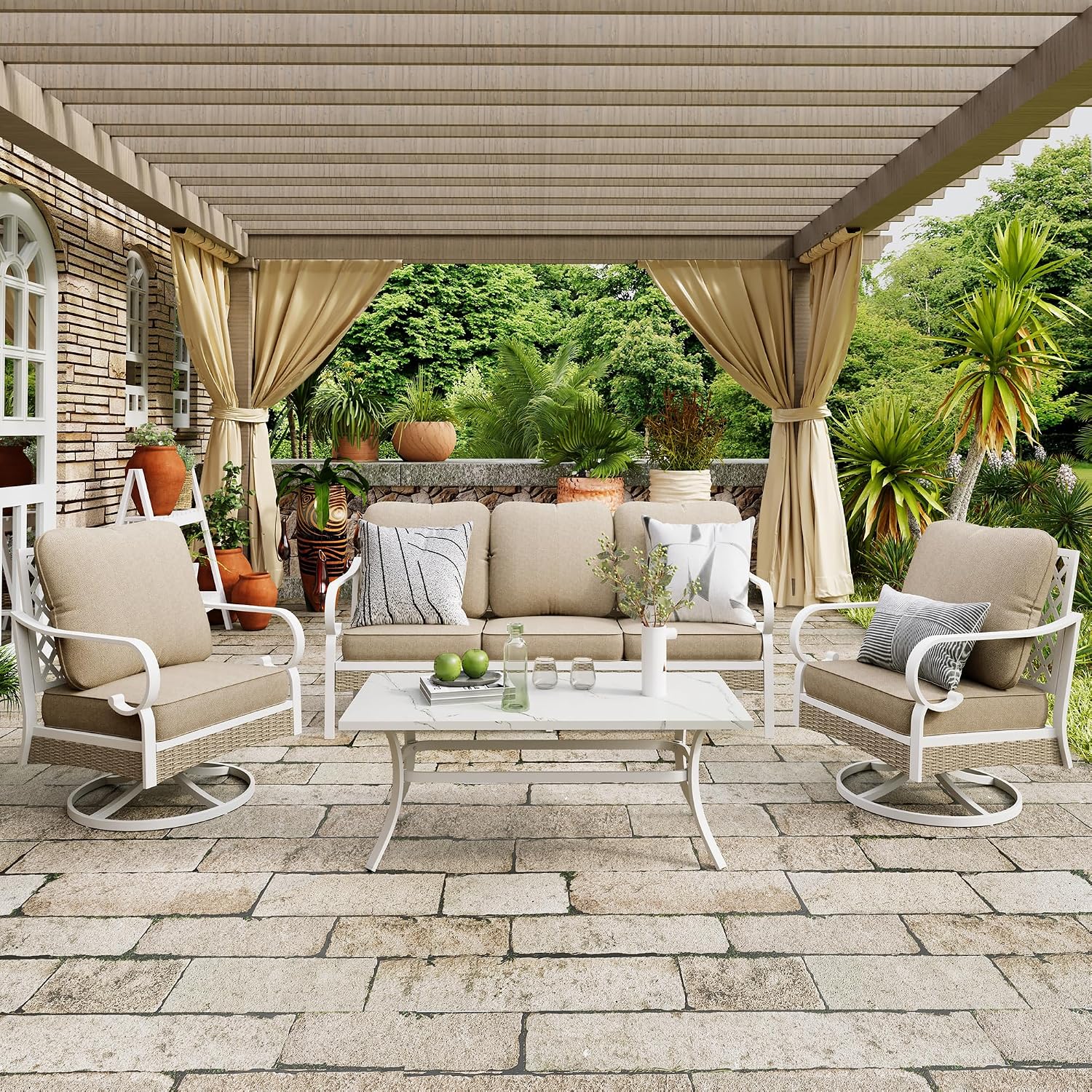 MIXPATIO 4 Piece Patio Furniture Set, 2 x Swivel Chair, 1 x 3-Seat Sofa with Marbling Coffee Table, All Cushioned 5 Seats Outdoor Conversation Set for Lawn Garden Backyard, Beige