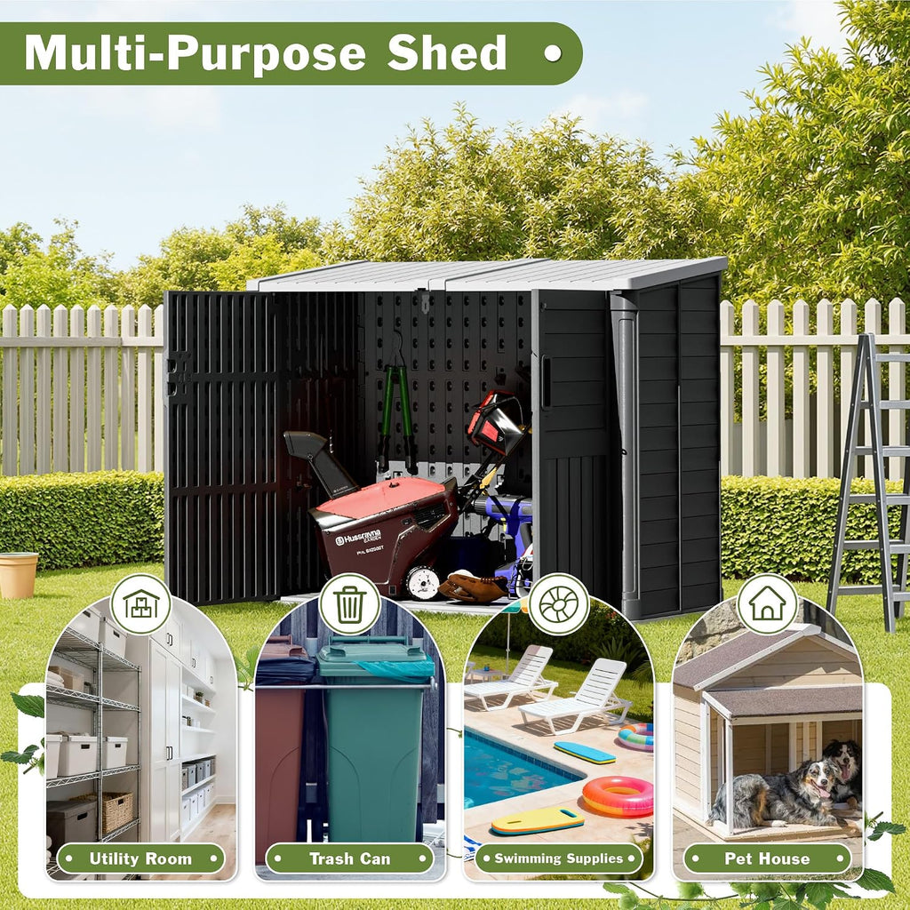 JUMMICO Resin Outdoor Storage Shed, 34 Cu Ft Horizontal Storage Cabinet for Trash Cans, Garden Tools, Pool Supplies (Black)
