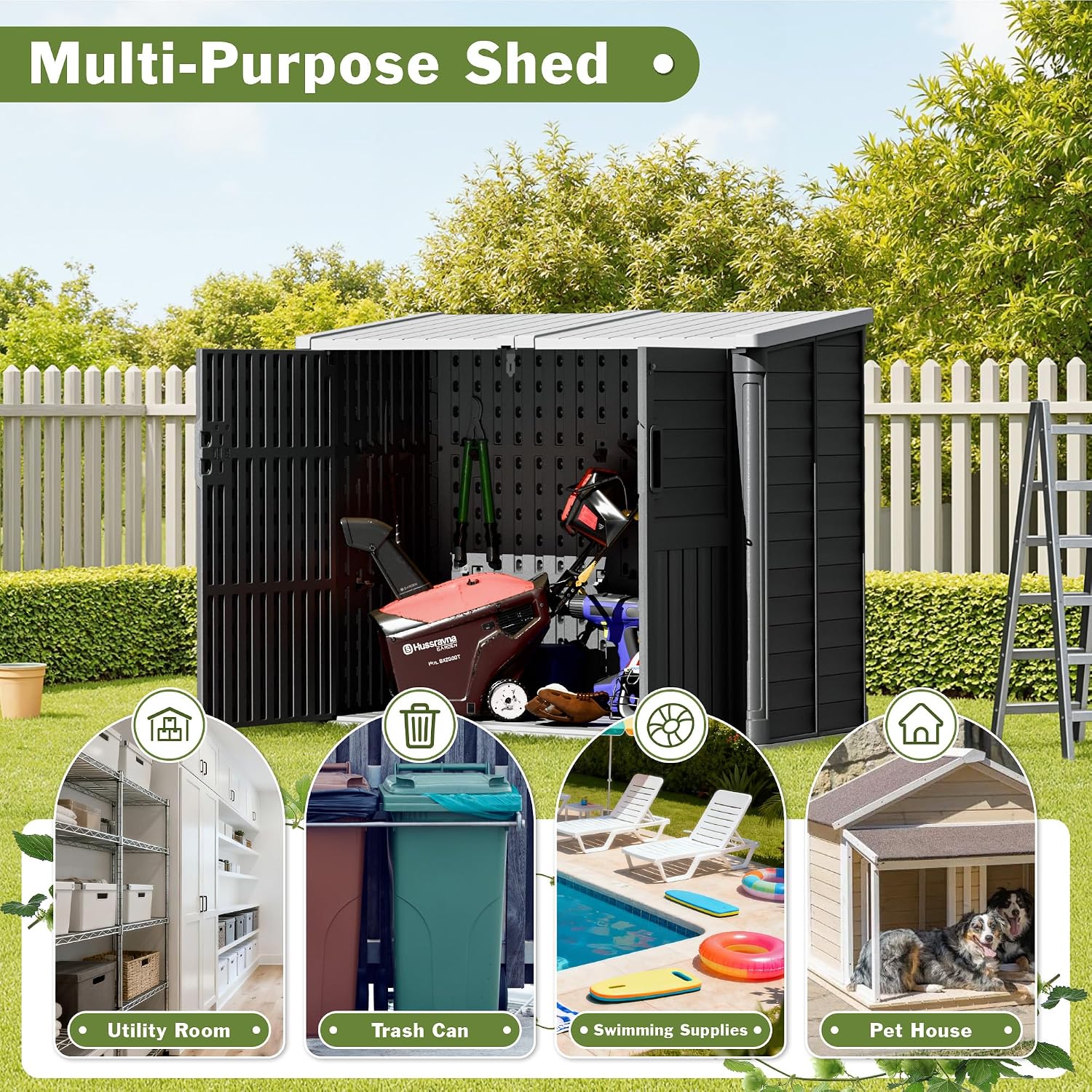 JUMMICO Resin Outdoor Storage Shed, 34 Cu Ft Horizontal Storage Cabinet for Trash Cans, Garden Tools, Pool Supplies (Black)