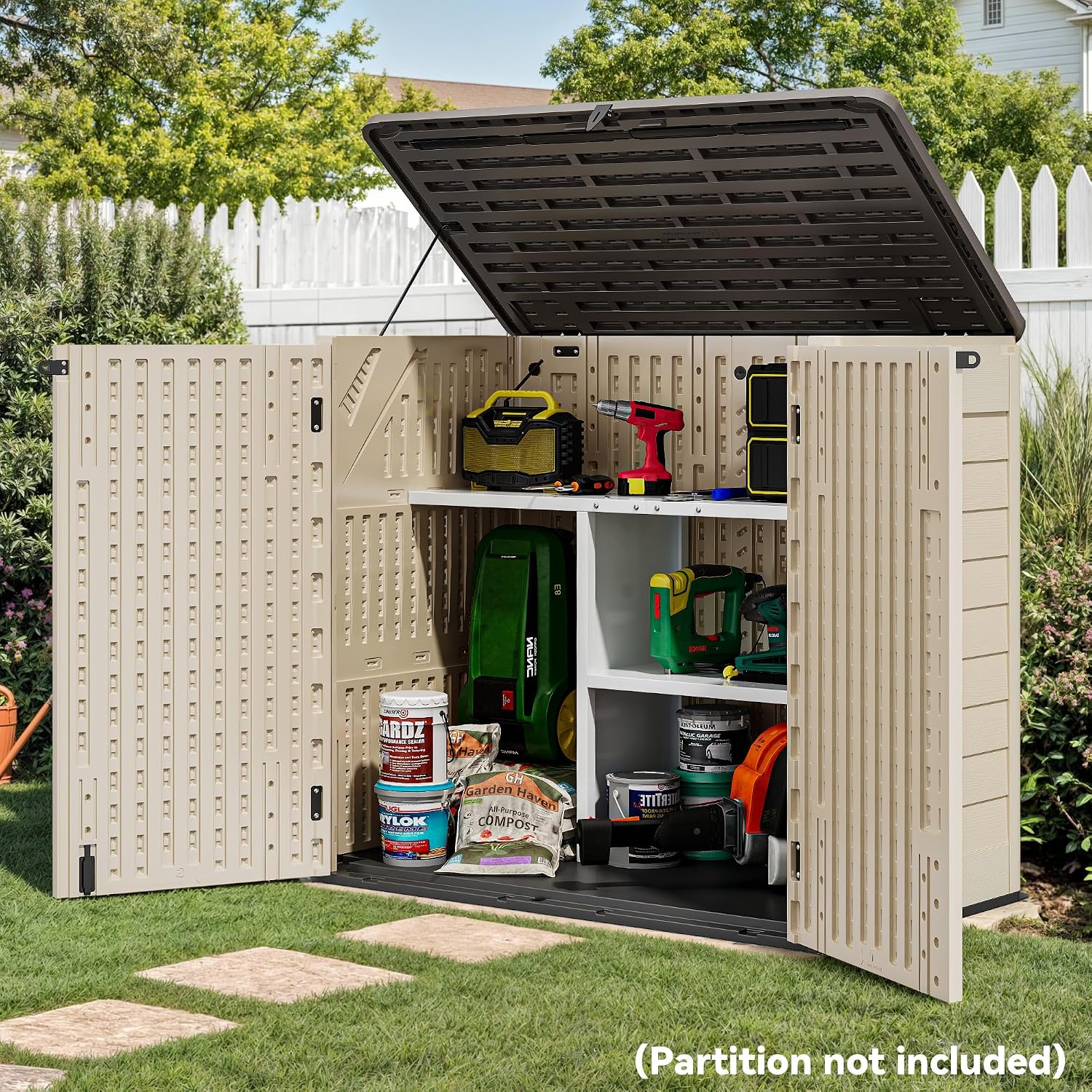YITAHOME 30 cuft Outdoor Storage Shed w/o Shelf, Horizontal Storage Cabinet for Garden Tool, Waterproof Storage Shed Plastic for Garage, Resin Pool Storage, Easy to Assemble, Khaki & Brown