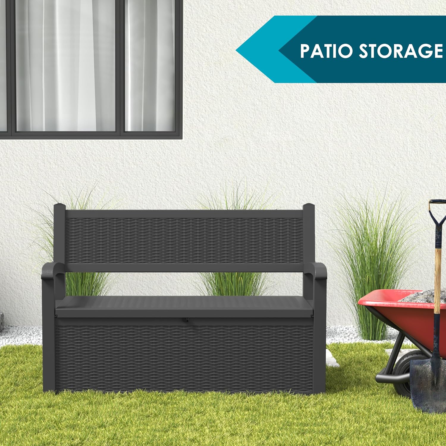 LHBGO 70 Gallon Storage Bench Deck Box for Patio Furniture with Armrest Bench Outdoor Storage