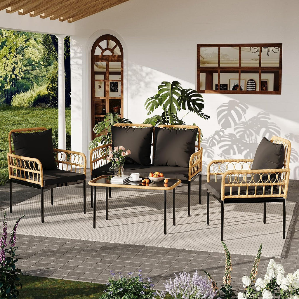 4 Pieces Outdoor Patio Furniture Set with Table - Rattan Balcony Furniture for Porch or Deck, Includes Chaise Lounge, 2 Armchairs with Cushions and Pillows for Porch Backyard Lawn Poolside Deck, Black