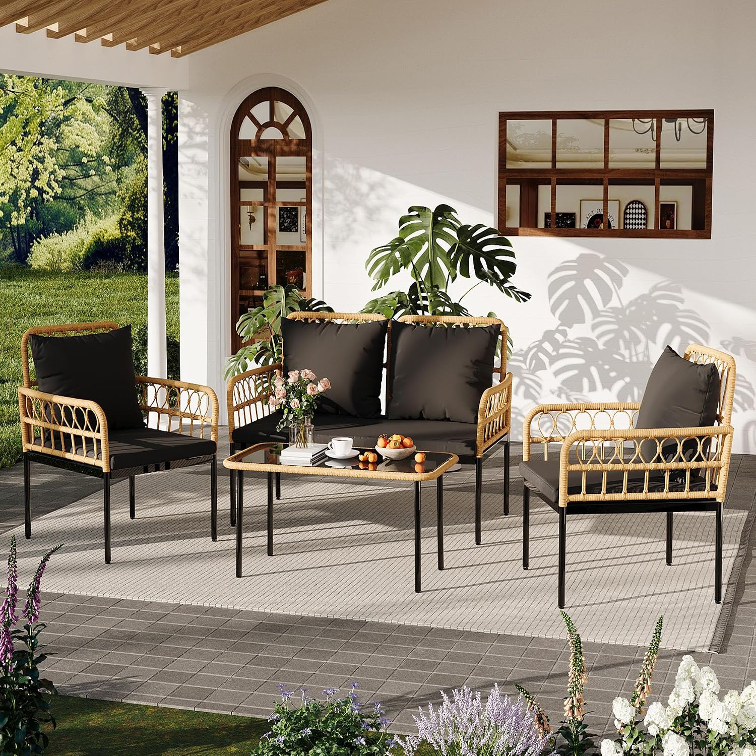 4 Pieces Outdoor Patio Furniture Set with Table - Rattan Balcony Furniture for Porch or Deck, Includes Chaise Lounge, 2 Armchairs with Cushions and Pillows for Porch Backyard Lawn Poolside Deck, Black