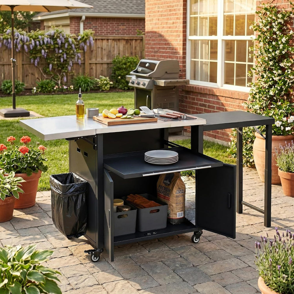 LUMISOL Grill Cart with Foldable Tabletop, Outdoor Foldable Kitchen Cart with Trash Rack, Portable Prep Station Patio Dining Cart with Storage Space and Open Drawer, for Patio Backyard, Black
