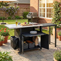 LUMISOL Grill Cart with Foldable Tabletop, Outdoor Foldable Kitchen Cart with Trash Rack, Portable Prep Station Patio Dining Cart with Storage Space and Open Drawer, for Patio Backyard, Black