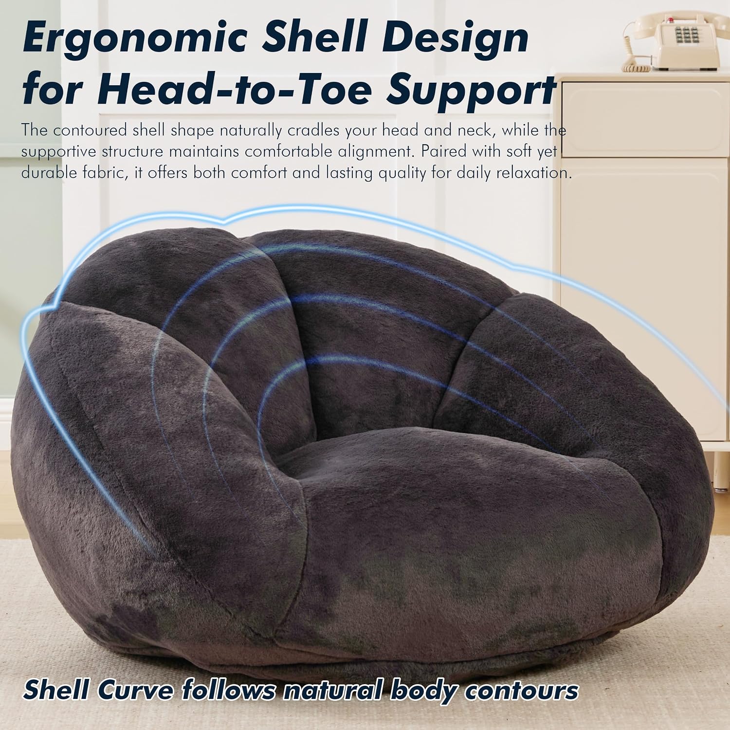 3.28 Feet Bean Bag Chair for Adults, Shell-Shaped Bean Bag Lazy Couch, Faux Fur Cloud Sofa Chair, Lounge Floor Sofa with Filler for Reading, Gaming & Watching, No Assembly Required (Black)