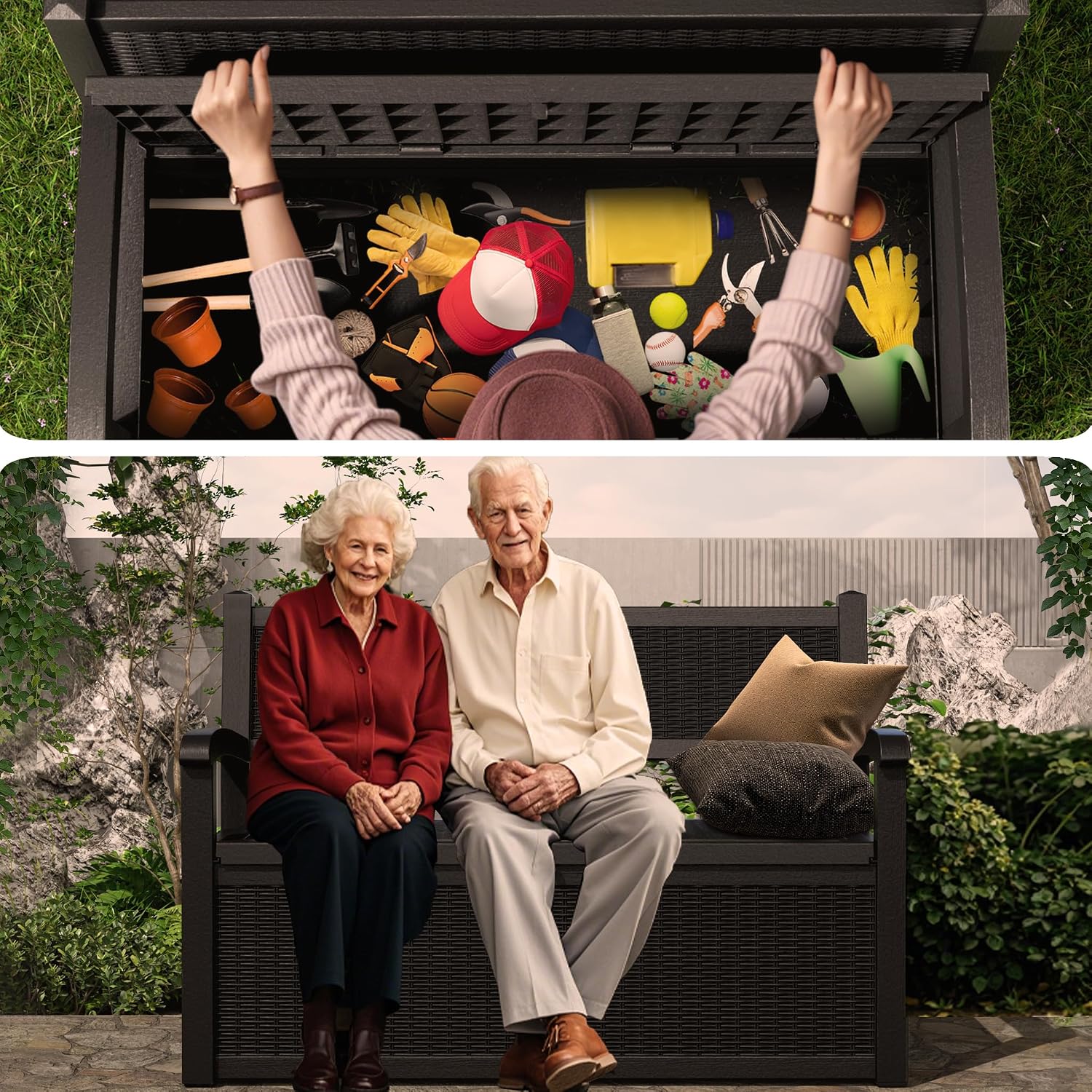 Outdoor Storage Bench - Waterproof Resin Patio Bench, Multi-Functional Patio Bench with 70 Gallon Storage for Garden, Deck or Entryway
