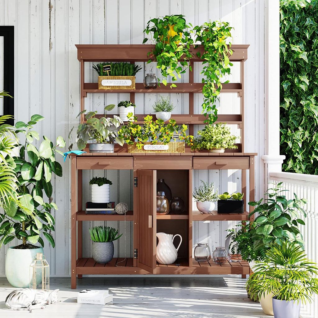 Outdoor Potting Bench Table, Farmhouse Wooden Garden Workstation with 2 Drawers, Cabinet and Open Shelves for Backyard, Mudroom, Brown